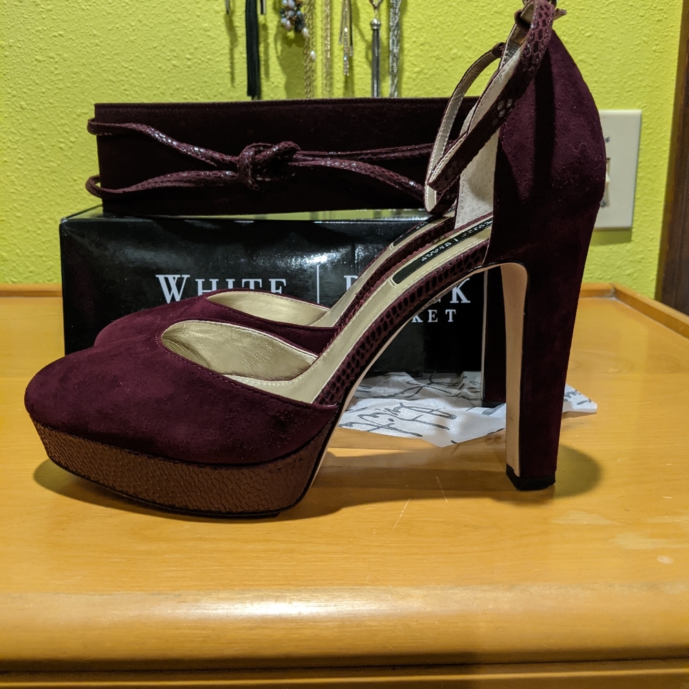 Maroon strappy heels and matching wrap around belt